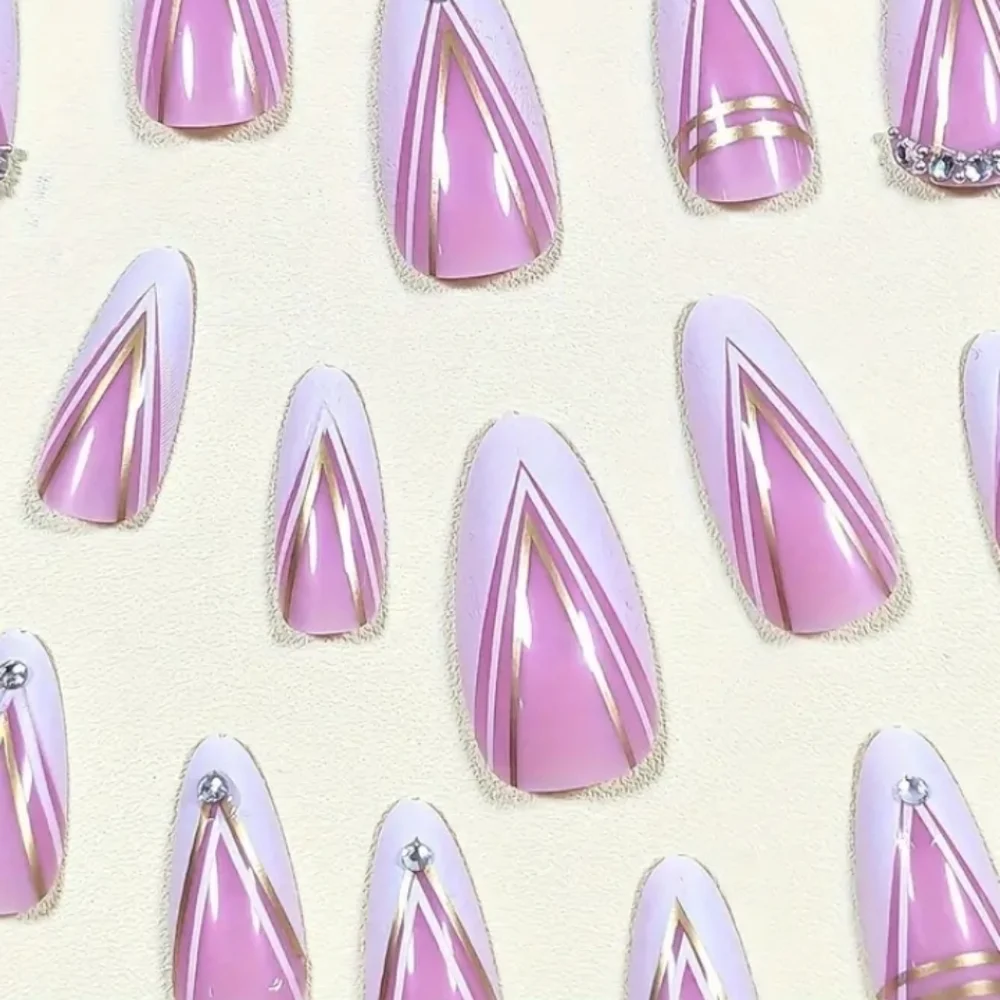 🔥3/$21 French style Rhinestone accents & Gold lines Press On False Nails